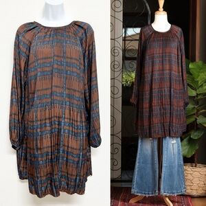 Grade & Gather Womens Cocoa Brown Navy Pleated Plaid Print Tunic Dress Size S